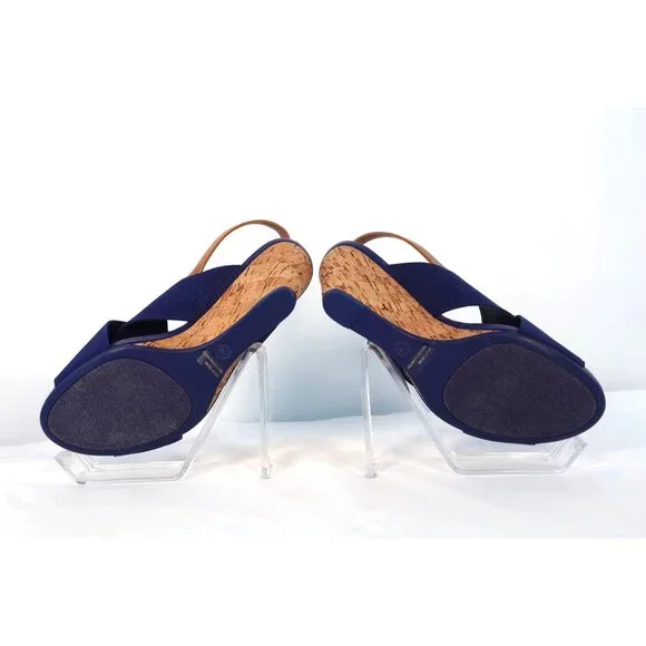 Isaac Mizrahi Navy Blue‎ Cork Wedge Sandals with Adjustable Tan Strap - Size 7W - Picture 6 of 9
